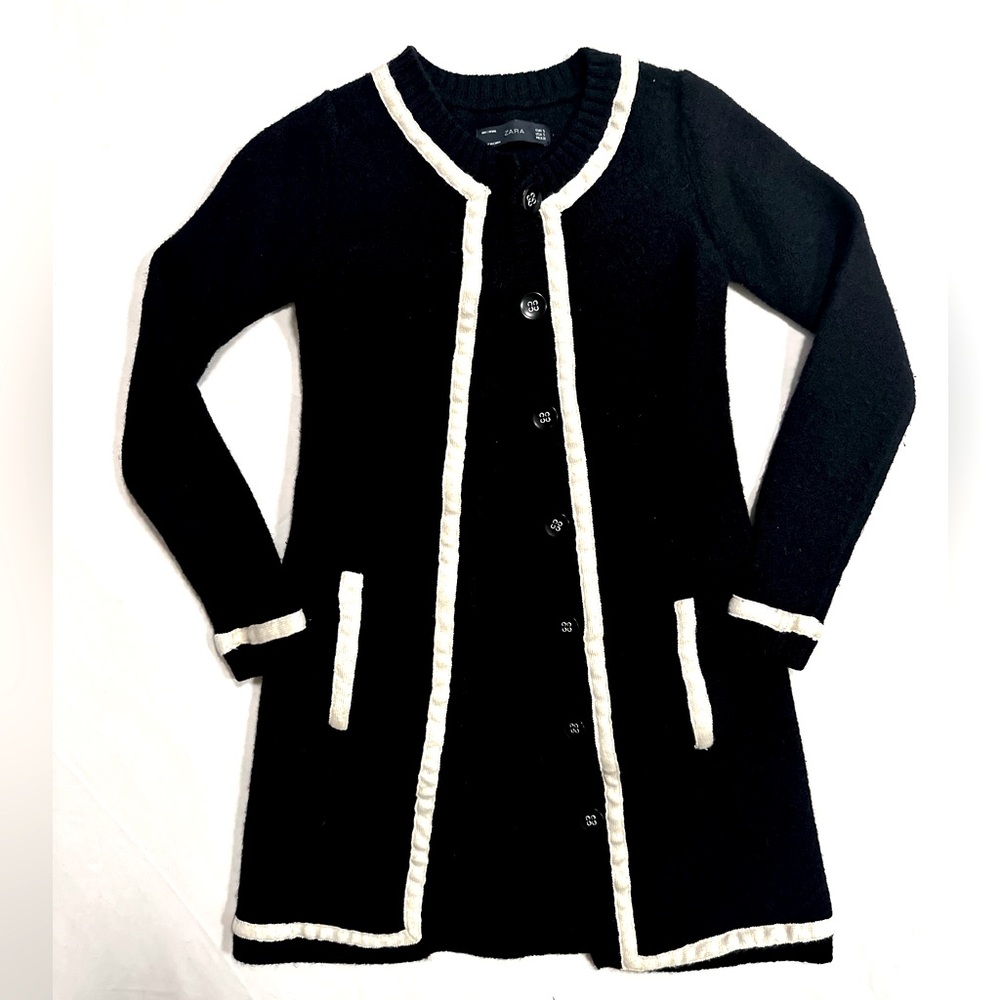ZARA Classic Black & White 100% Wool Cardigan - Long (S)